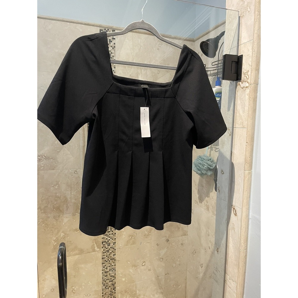 Ann Taylor Women Black Short Sleeve Peplum Flounce Hem Blouse Top M 24558228